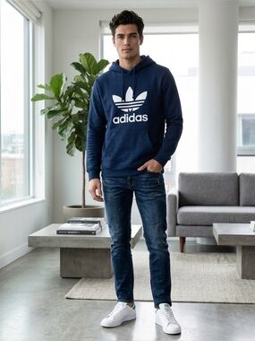 adidas Navy Crewneck Hoodie with White Trefoil
